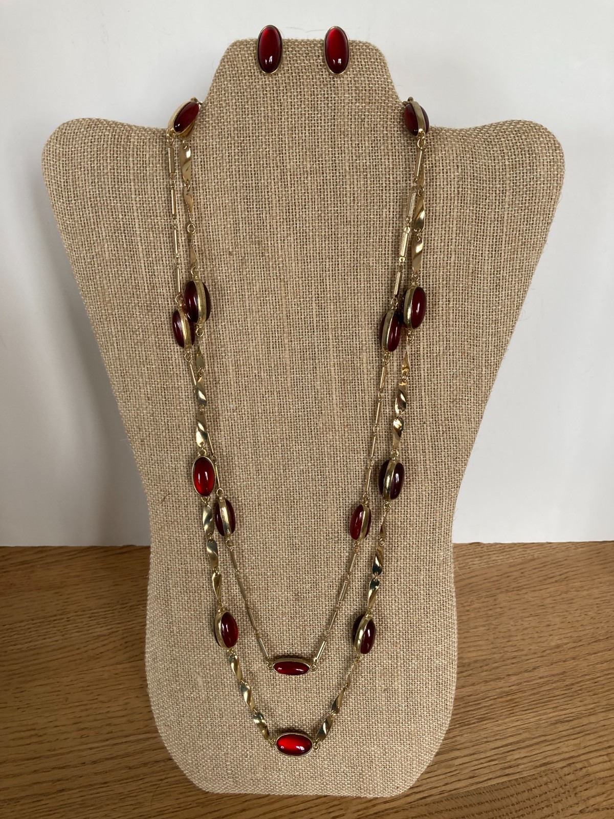 Coldwater Creek Gold Tone Red Cabochon Bead Double Strand Necklace Earrings Set