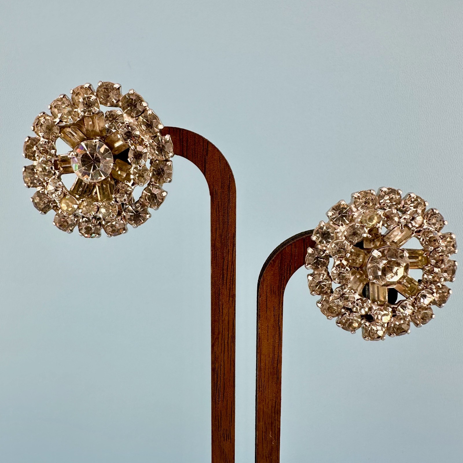 Vintage Rhinestone Earrings Silver Tone Round Cluster Baguette Prong Set Clip On