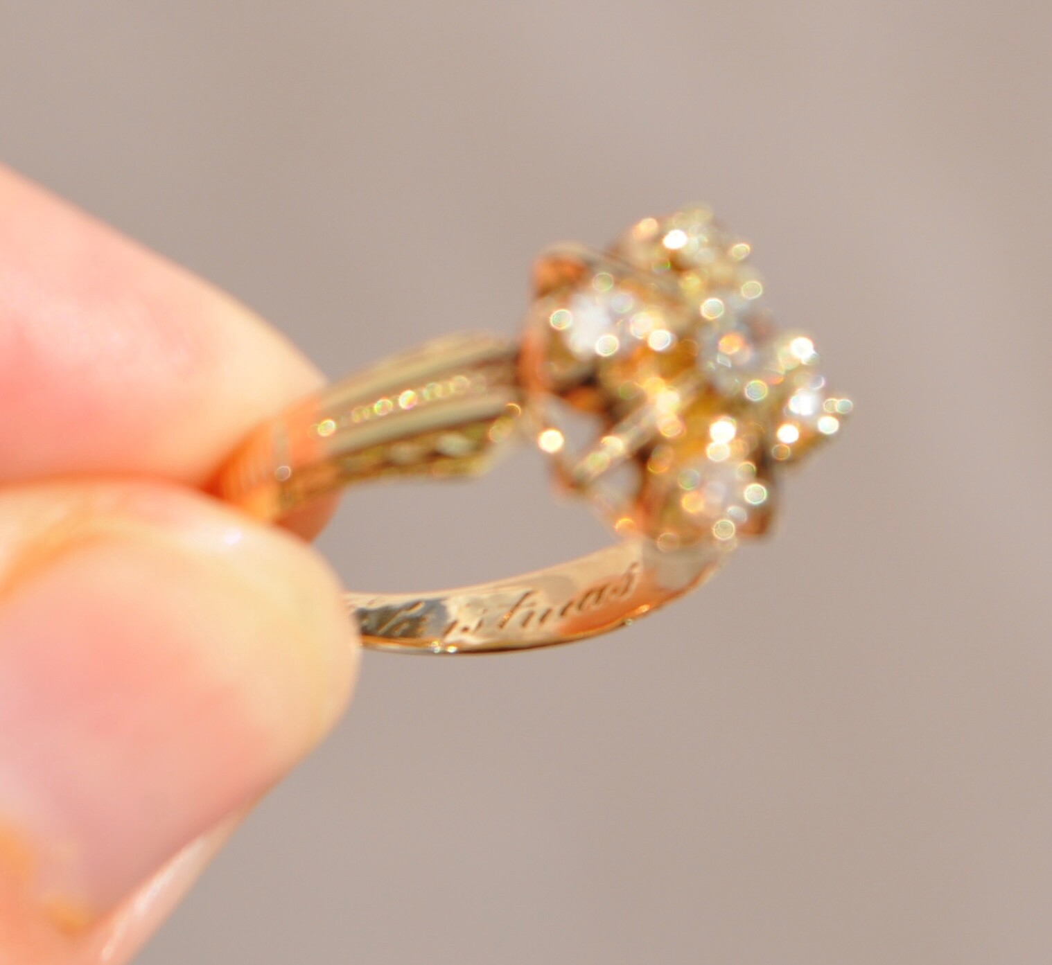 Old Antique Victorian 18K Solid Gold Old Mine Cut Diamond Ring Engraved Cluster