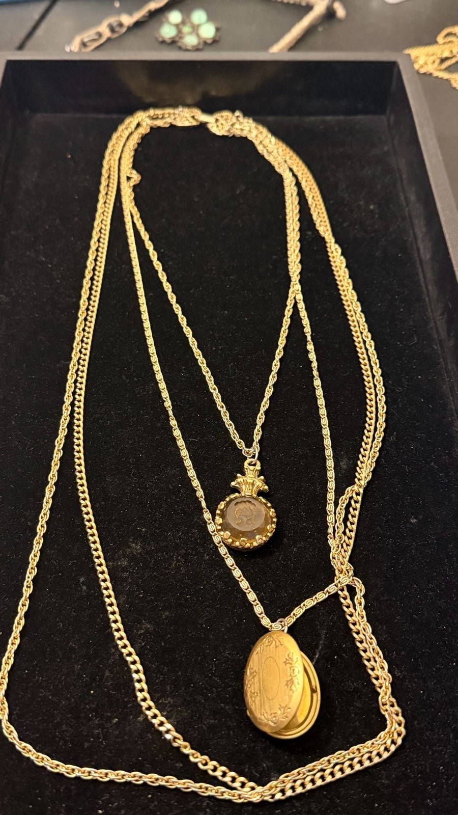 Vintage Goldette Multi-Strand Necklace with Intaglio Cameo Fob and Oval Locket