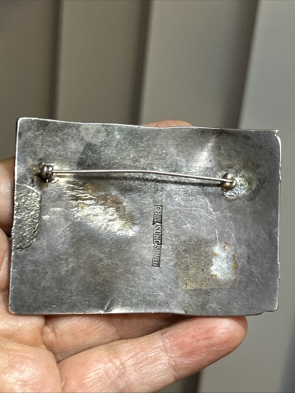 39. Old CHIN SUNG Silver Tribal Repousse Shadow Box Rectangle Pin 67 x 50mm