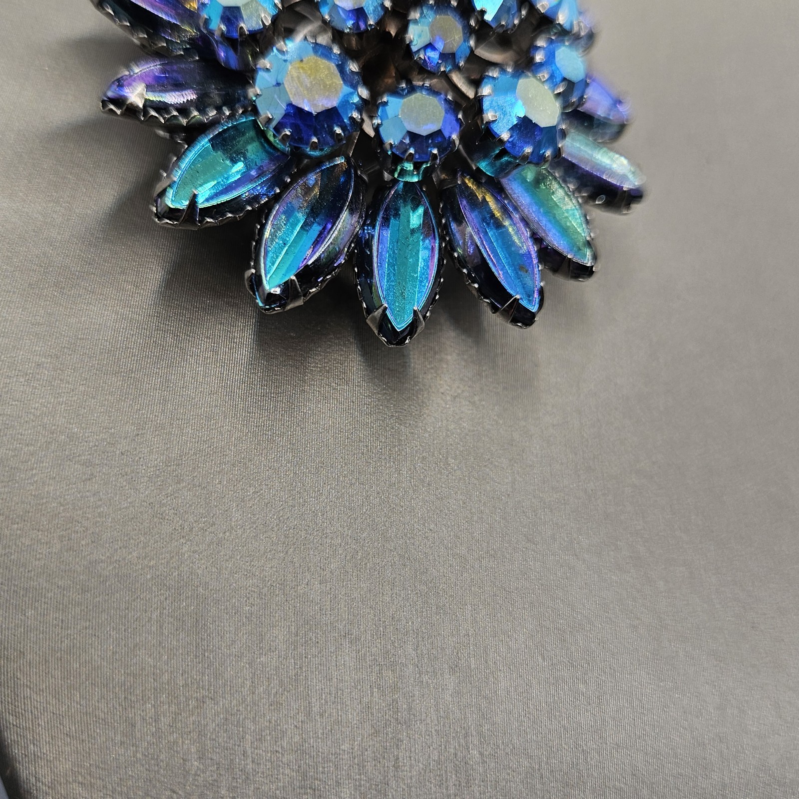 Vintage AB Rhinestone Brooch Flower Dome Cluster Peacock Blue Color