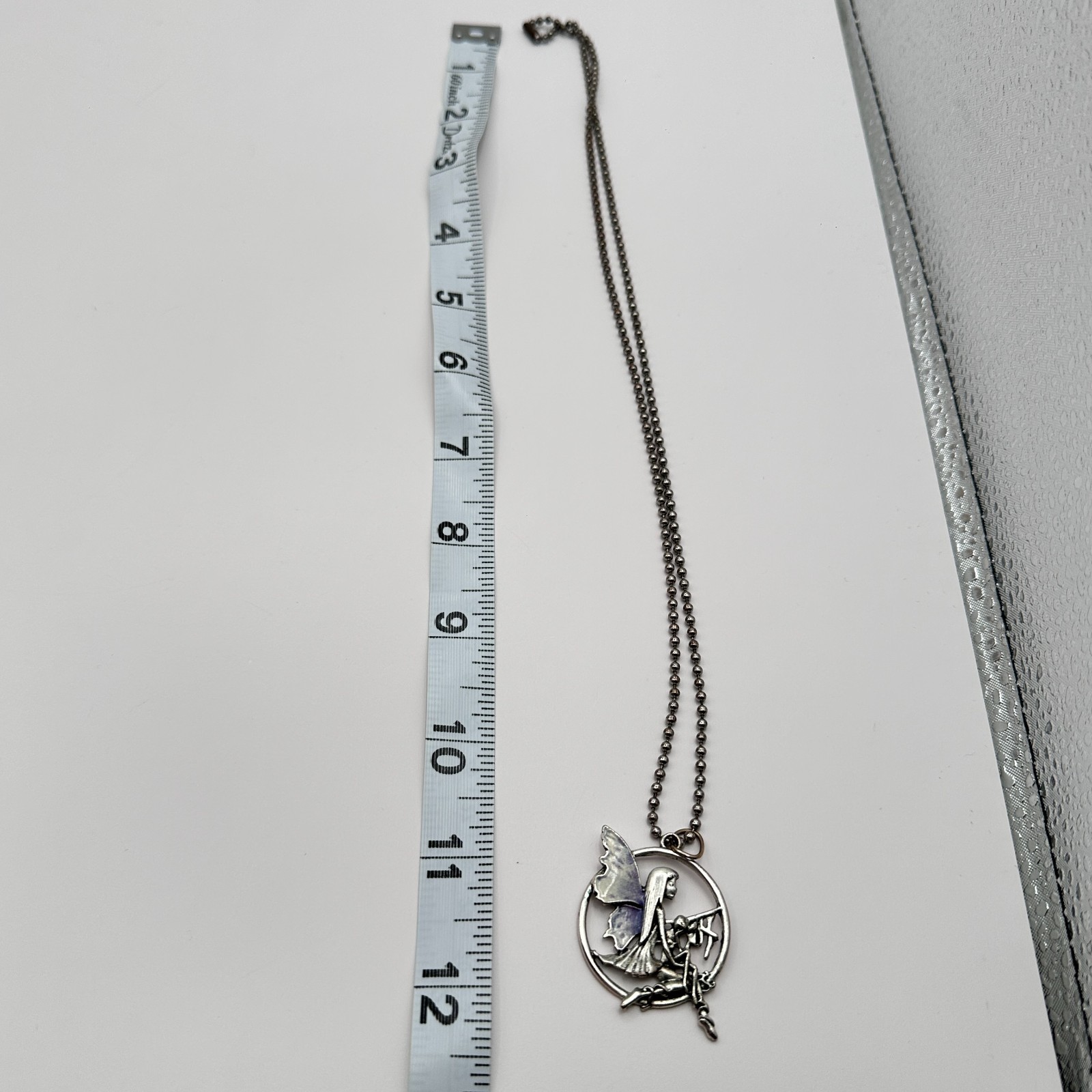 Vintage 90s Silver Tone Enamel Fairy Pendant Necklace Ball Chain Boho Jewelry