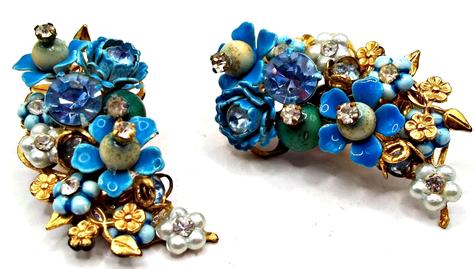 Vintage 50’s Blue Enamel Forget Me Not Pearl Rhinestone Earrings ROBERT DE MARIO