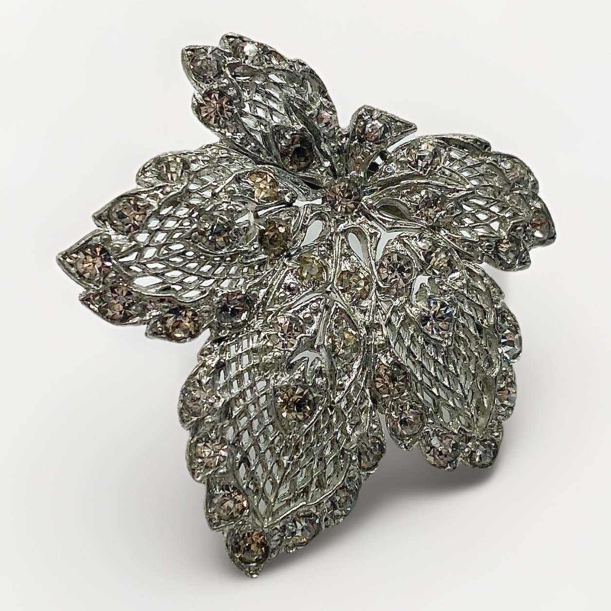 Vintage Rhinestone Dress Clip Leaf Fur Clip Silver Tone Filigree Bridal Brooch