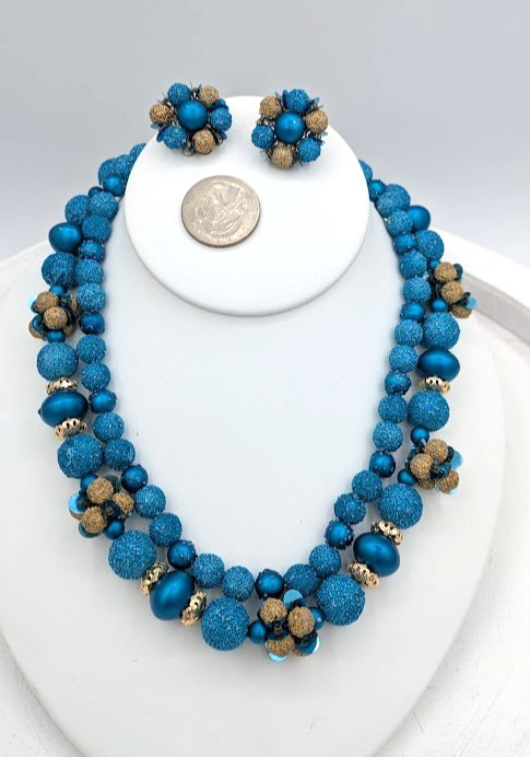 Vintage JAPAN Necklace Earring Set Blue Sugar Bead Floral Cluster