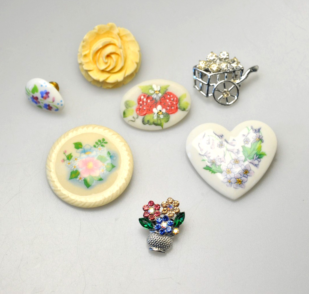 Vtg to now Brooch LOT flower floral Rhinestone 2 Avon 1 hand painted signed