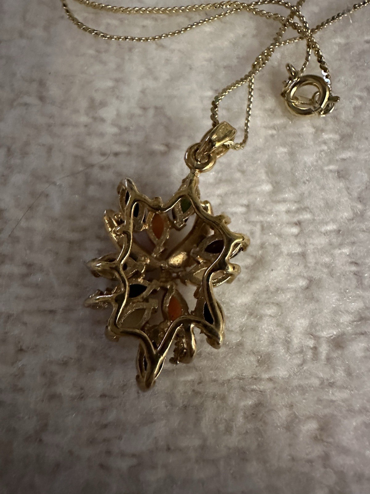 Gold Tone Gemstone Pendant Necklace Vintage Jade Coral Tigers Eye Opal