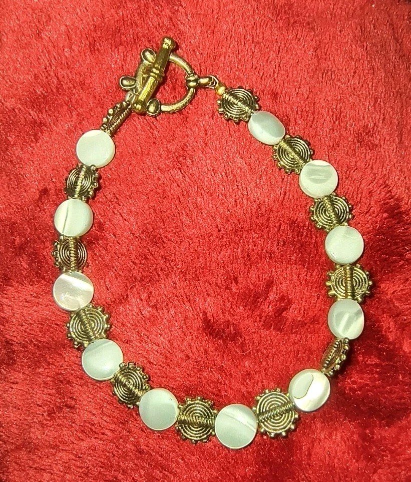 Antique Gold And White Mother Of Pearl Disc Toggle Bracelet
