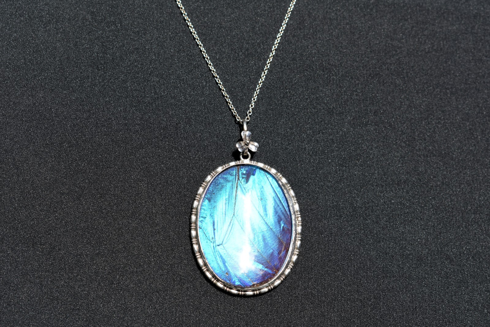 Vintage Morpho Butterfly Wing Art Deco Pendant Necklace Sterling Silver England