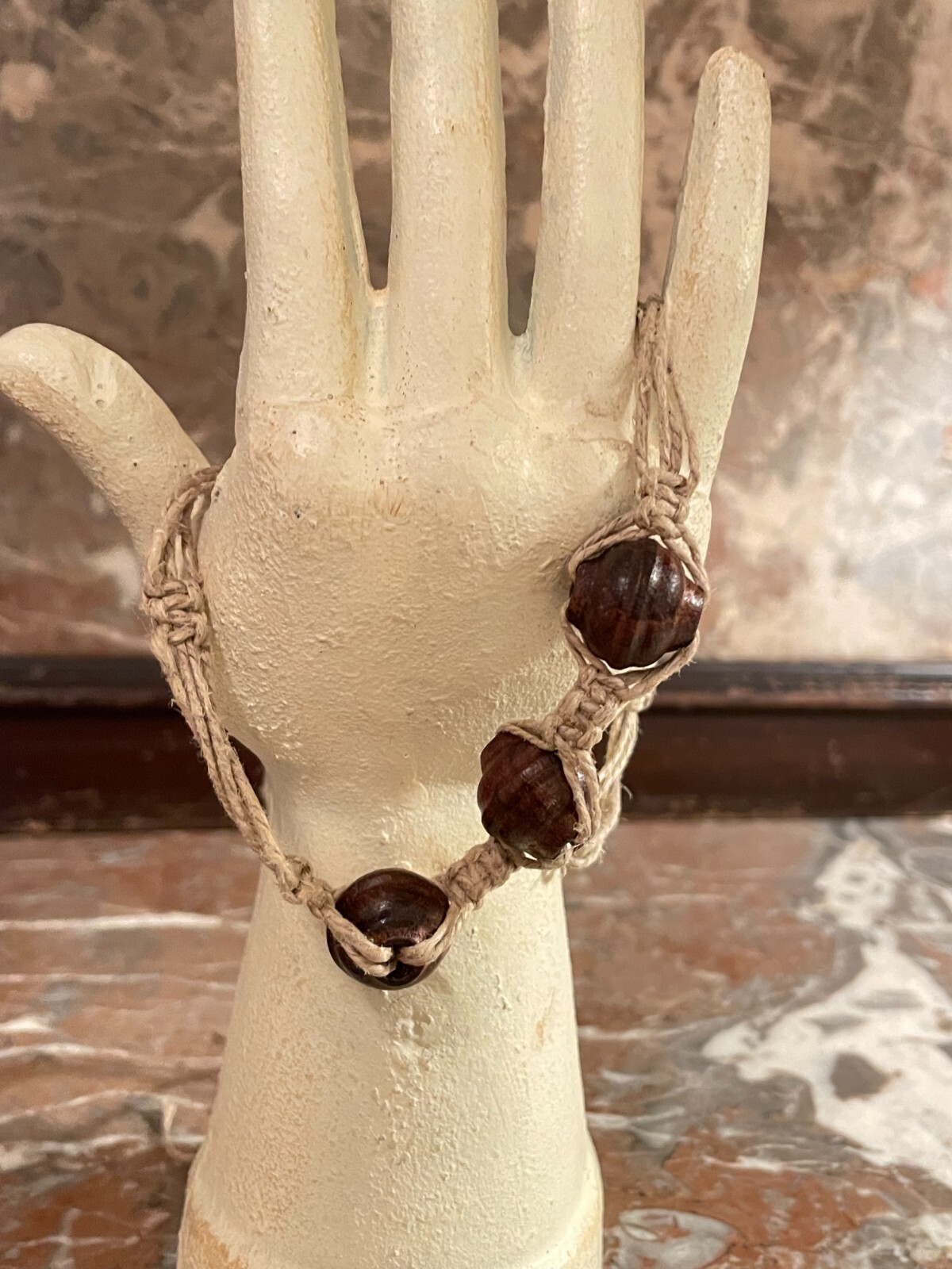 Vintage Hemp and Wood Bead Choker Necklace