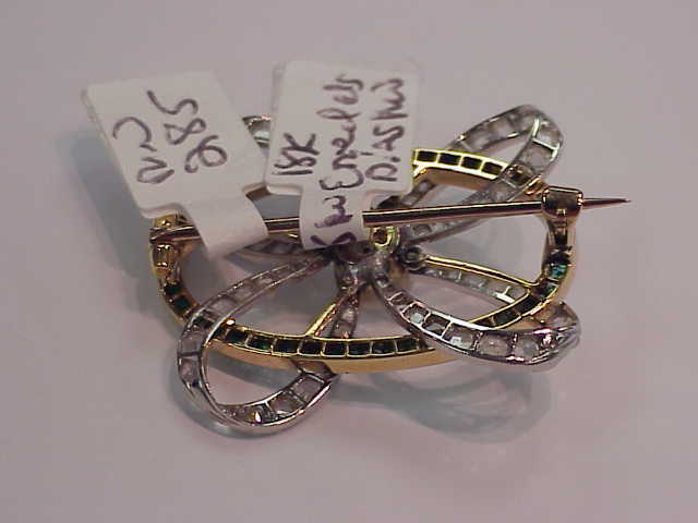 ART DECO 18K GOLD ROSE CUT DIAMONDS & EMERALDS & PEARL BROOCH LATE 1800’S