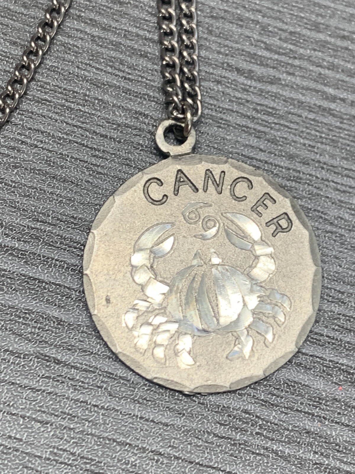 Vintage Pewter BDA Zodiac astrology Cancer Hand Engraved Pendant Necklace 18”