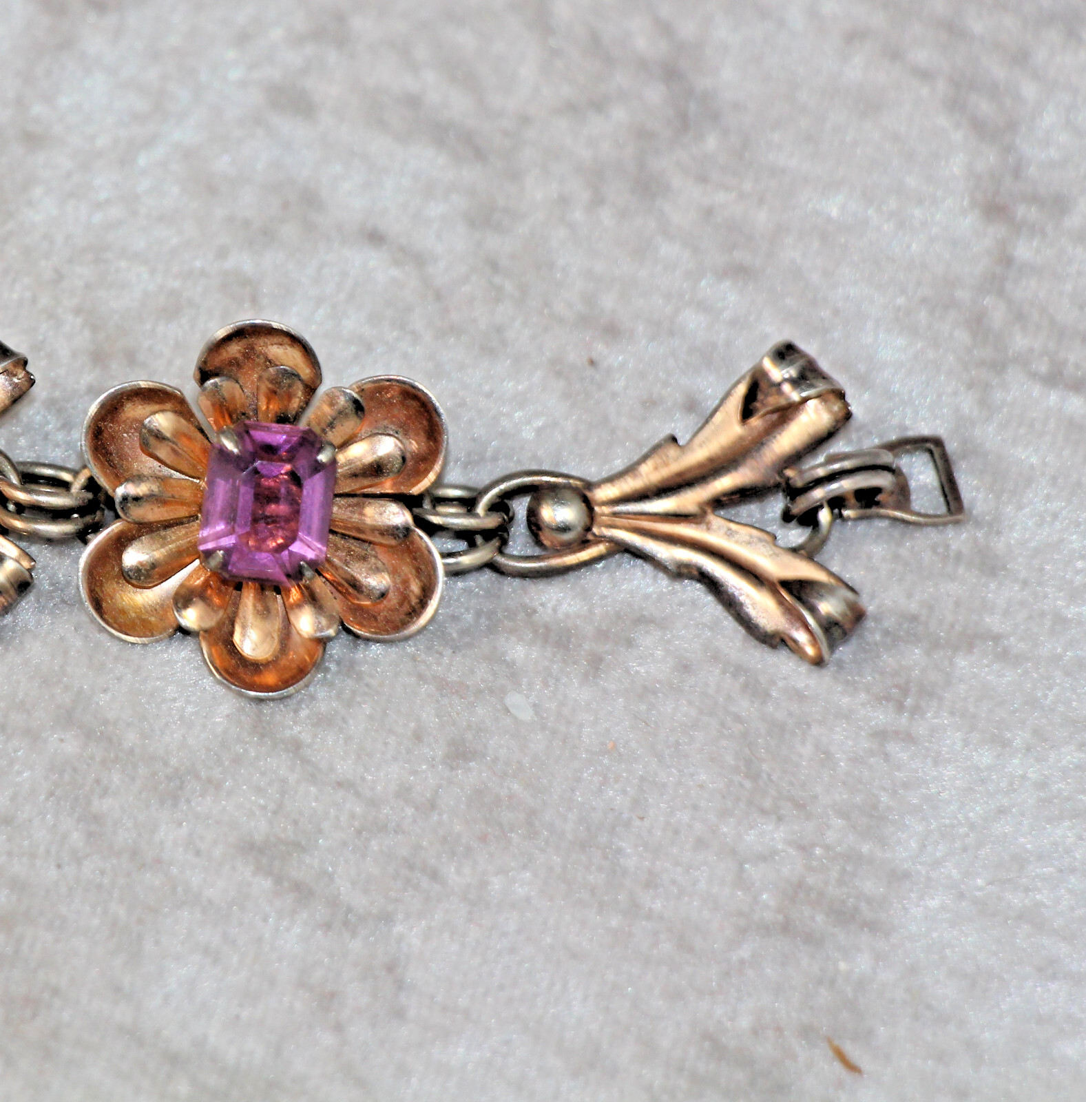 Vintage 1930s Bracelet Gold Wash Sterling Silver Flowers w Faceted Purple Stones