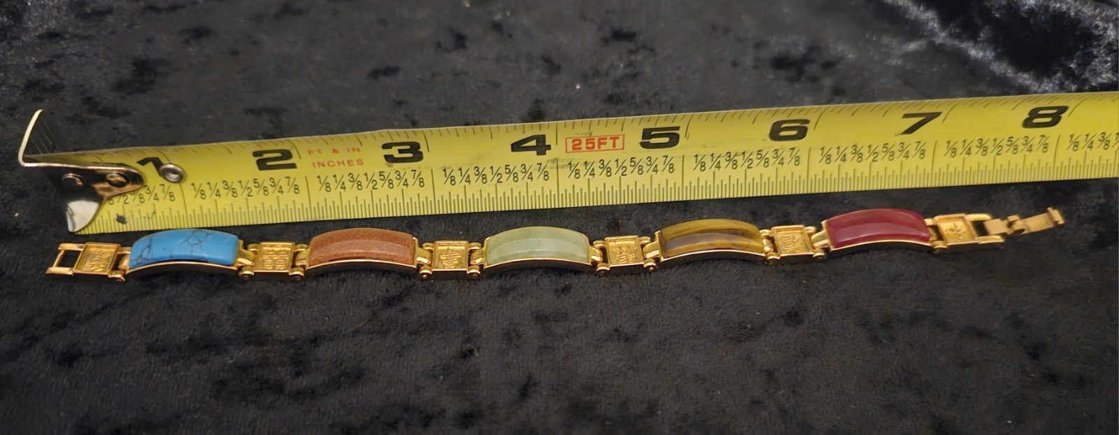 Vintage Chinese Jade Turquoise Tigers Eye Gold Tone Link Bracelet 7.5″ READ