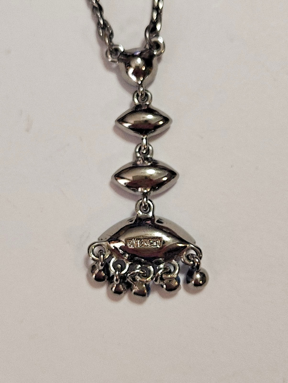 Vintage GIVENCHY Y-Drop Gunmetal & Blue Crystal Rhinestone Necklace 15″ – 17″