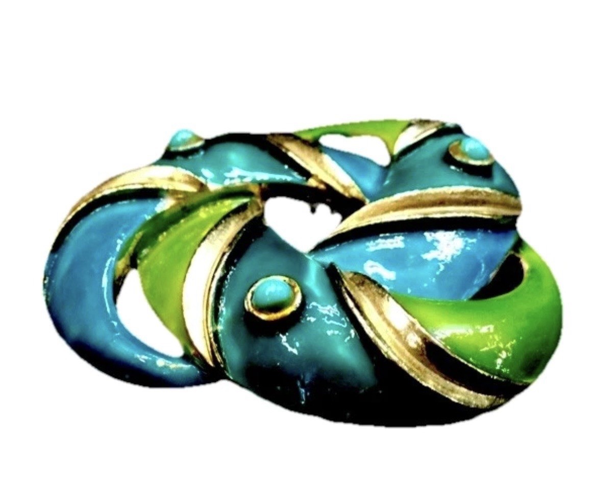 Vintage Signed Lisner Lime Green Turquoise Enamel Brooch Pin