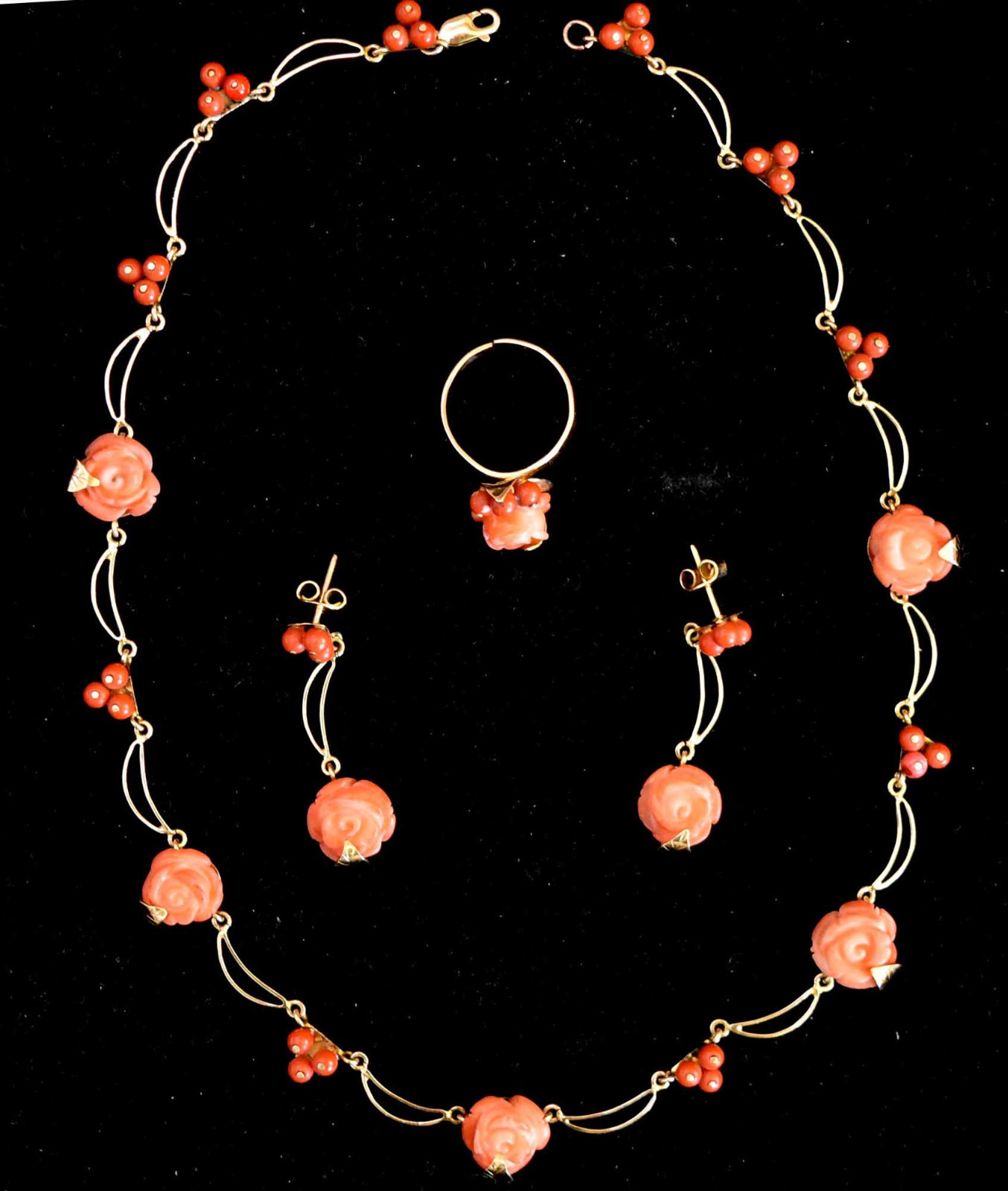 18K Solid Rose Gold and Natural Untreated Coral Necklace, Earrings & Ring Set