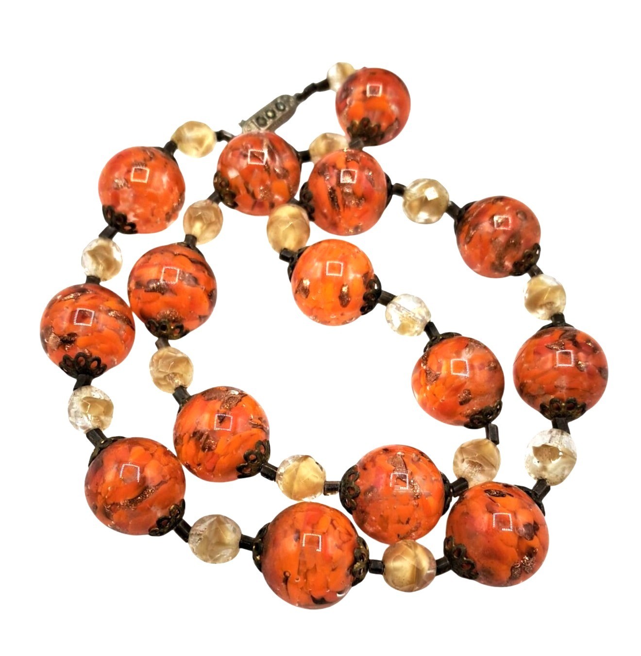 Vintage Murano Glass Necklace Orange Gold Givre Clear Cream Beaded Single Strand
