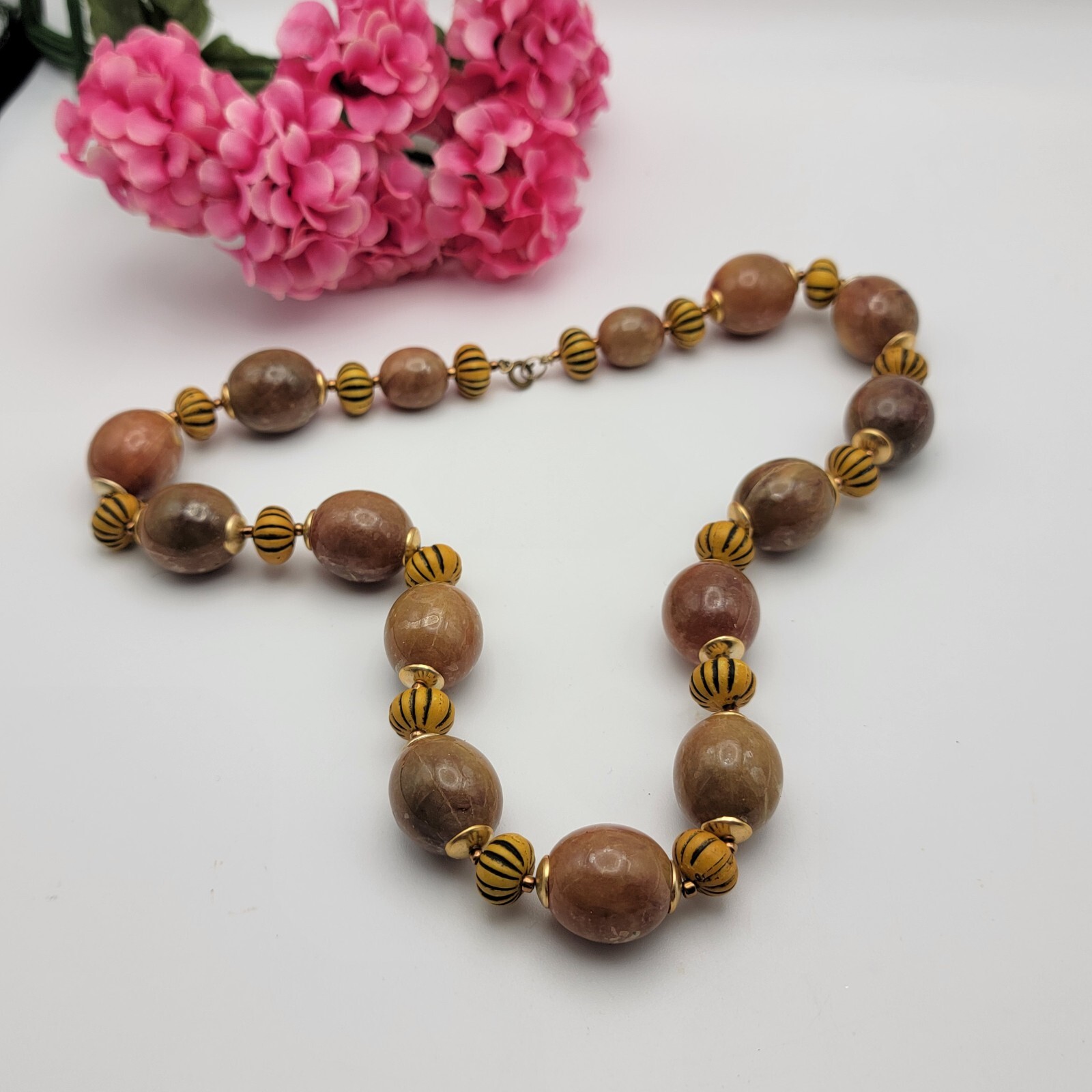 Vintage Butterscotch Lucite And Pumpkin Wood Bead Chunky Statement Necklace 22″