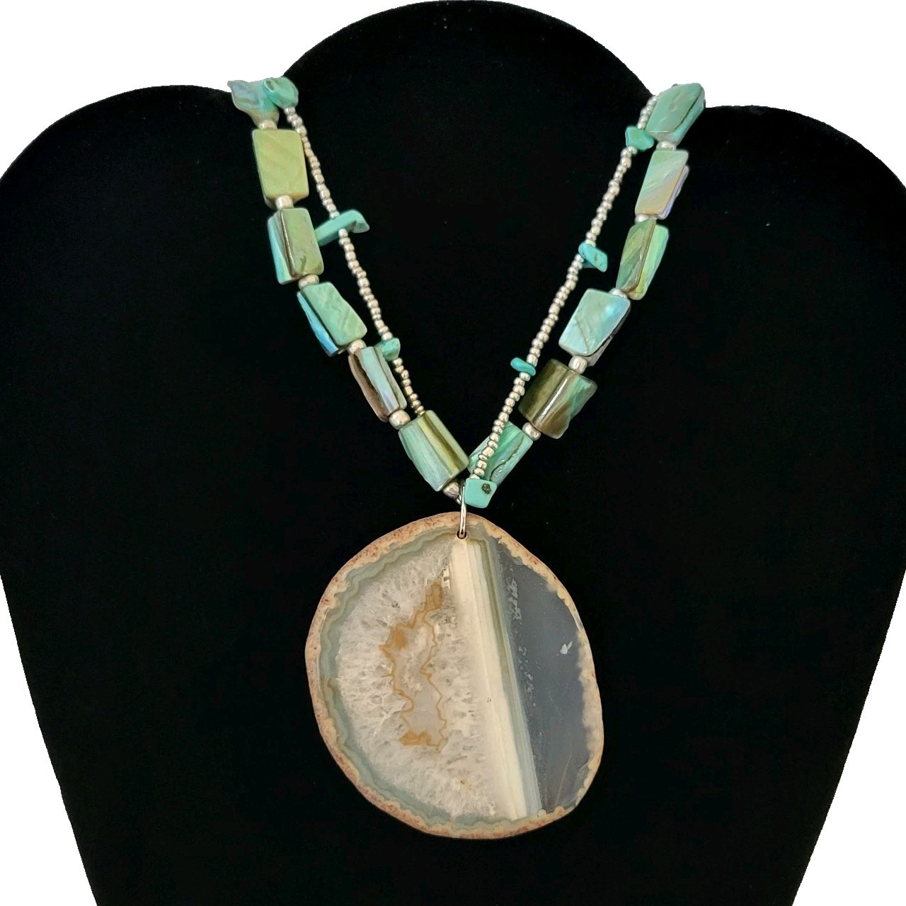 Vintage Pendant Necklace 2.8″ Pendant Multi Strand 16″ Choker Style Necklace