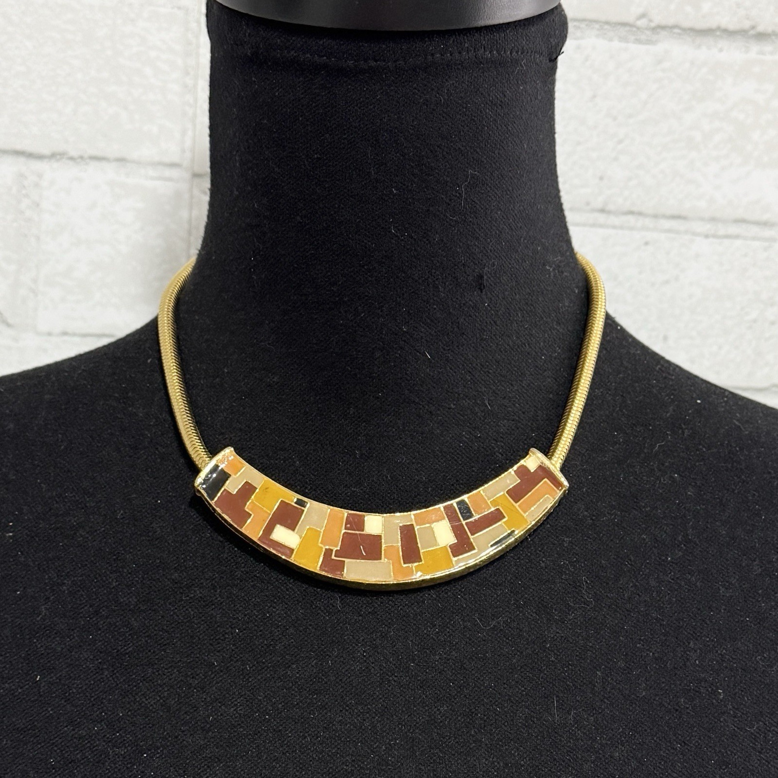 Vintage Neutral Tone Mosaic Enamel Gold Tone Necklace Tan Brown Yellow Orange