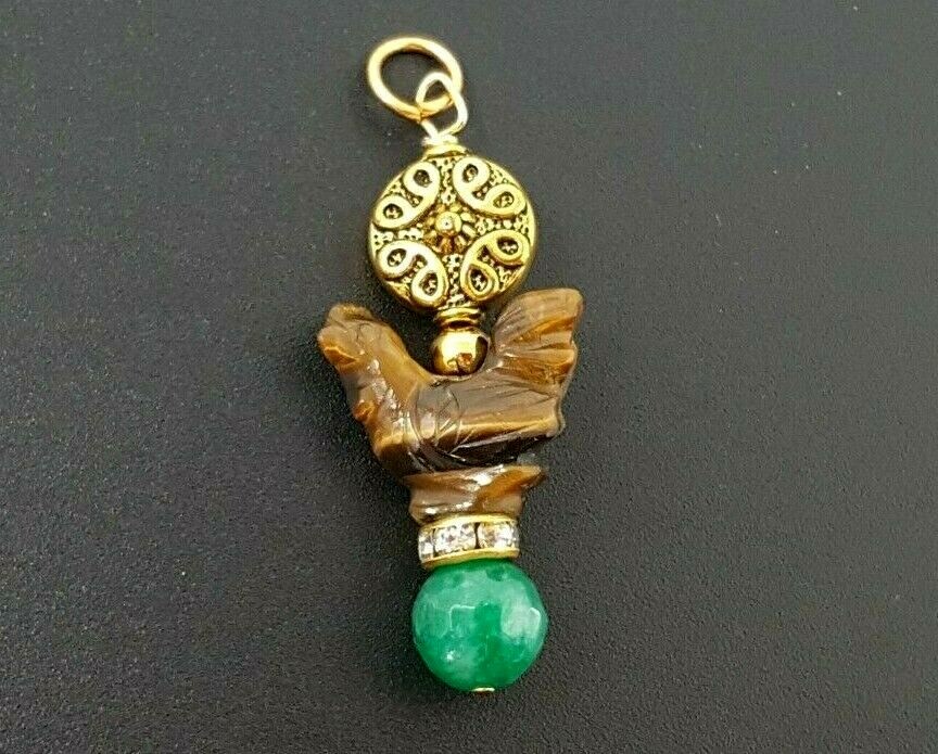 Vintage Natural Jade Tiger Eye Carved Chicken Hen Rhinestone GP Pendant