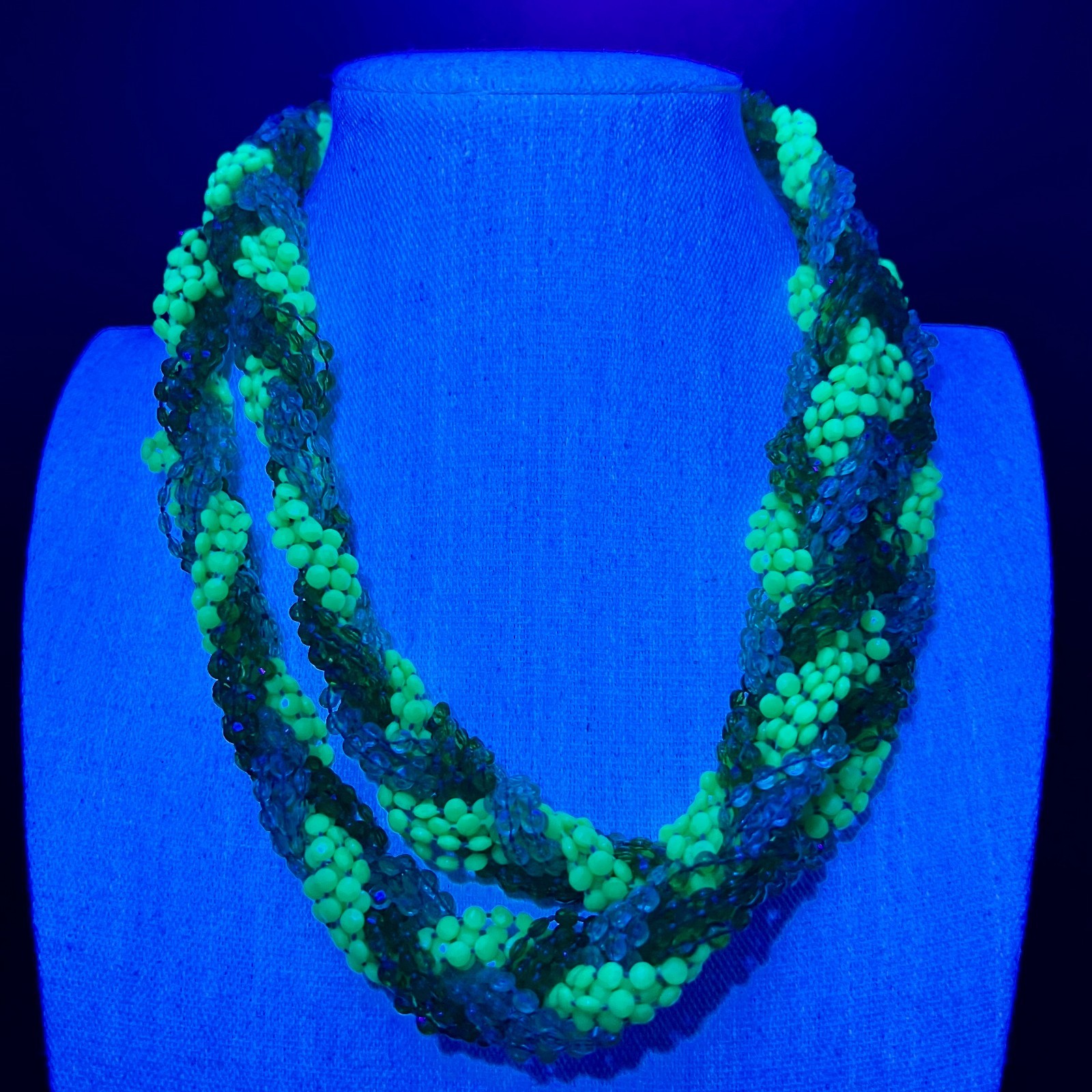 Vintage Bright Green Opera Length Necklace Torsade Twisted Beaded Statement