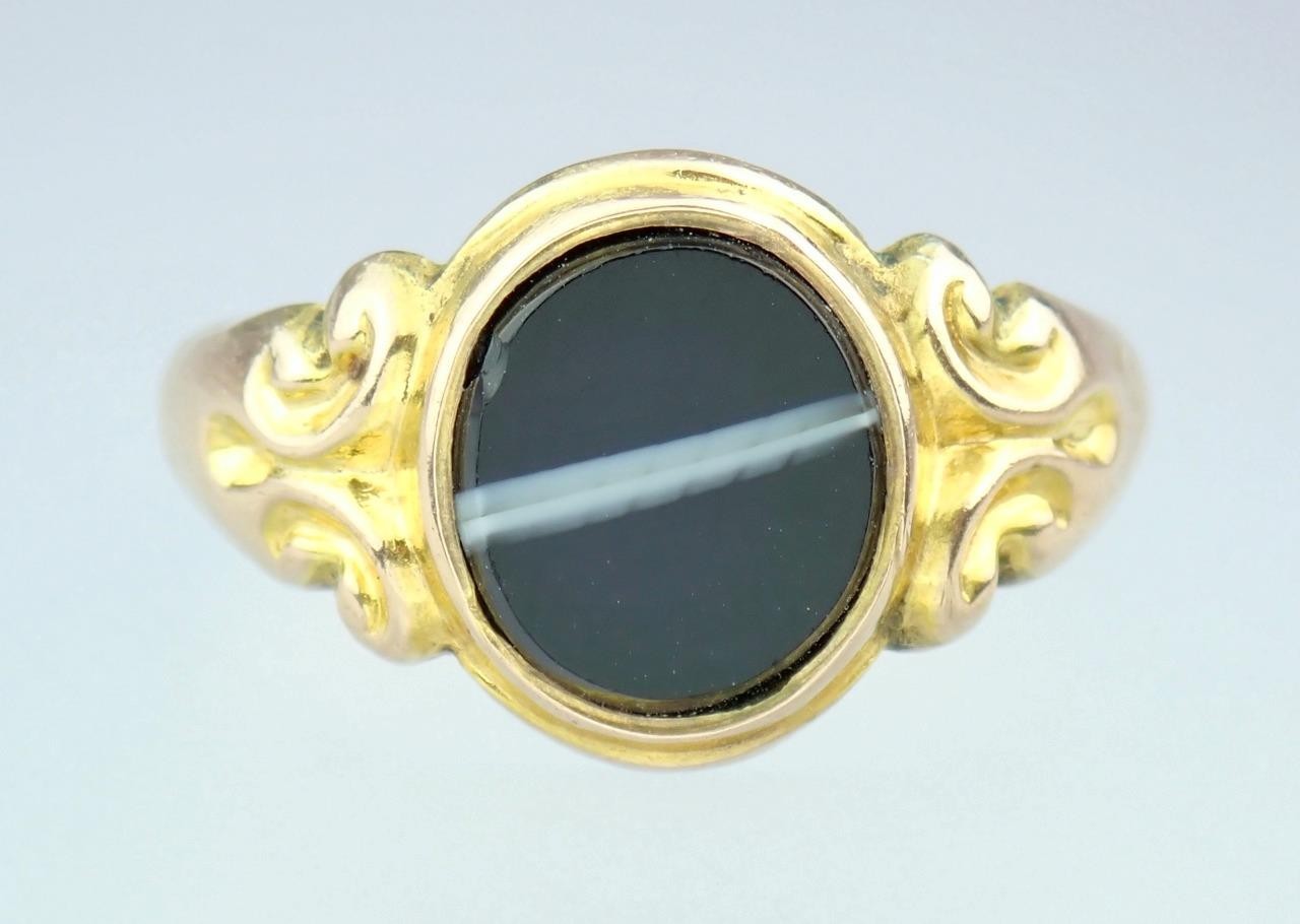 Fine Antique Edwardian Solid 9K Rose Gold Banded Agate Signet Pinky Ring 1904 8