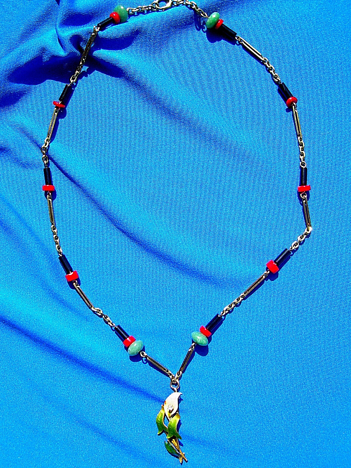 ORIGINAL Antique Deco Diamond Necklace Victorian Jade Onyx Coral Chain 14K GOLD