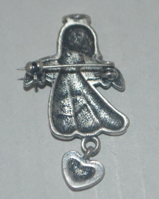 Vintage Angel Pin with Dangle Heart Safety Clasp Lapel Pin