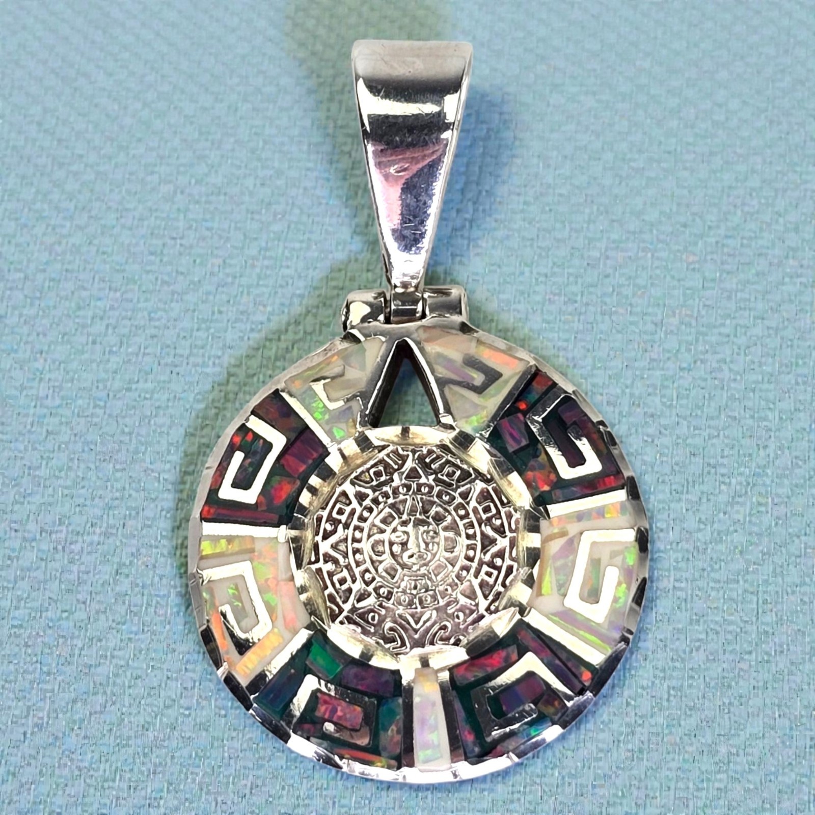 Vintage Sterling Silver Taxco Mexico Mayan Aztec Calendar MOP Opal Inlay Pendant