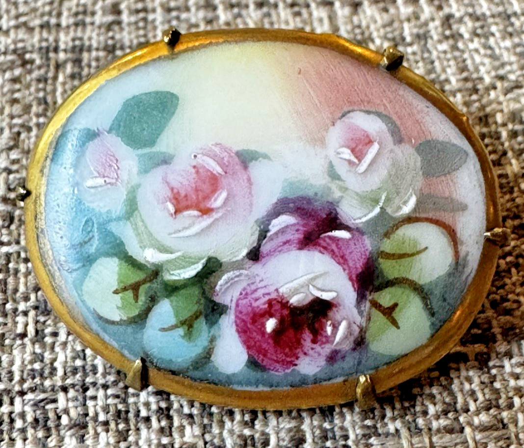 Vintage Victorian Style Hand Painted Floral Bouquet Porcelain Pin Brooch Roses