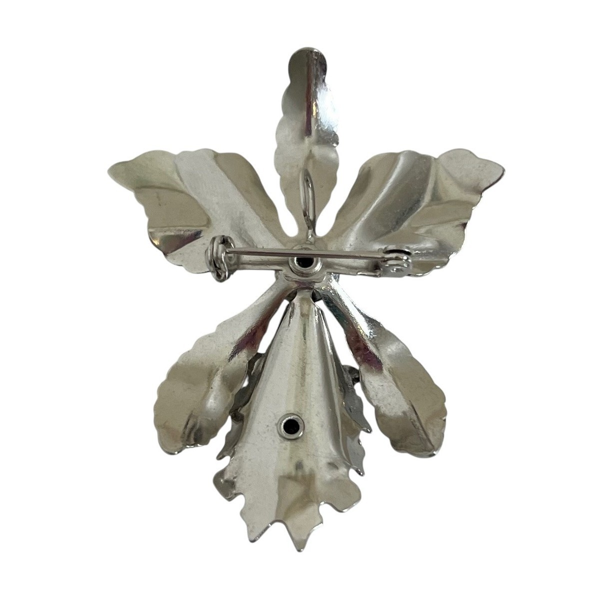 Silver Tone Orchid Flower Brooch Purple Rhinestone Center Convertible Pendant