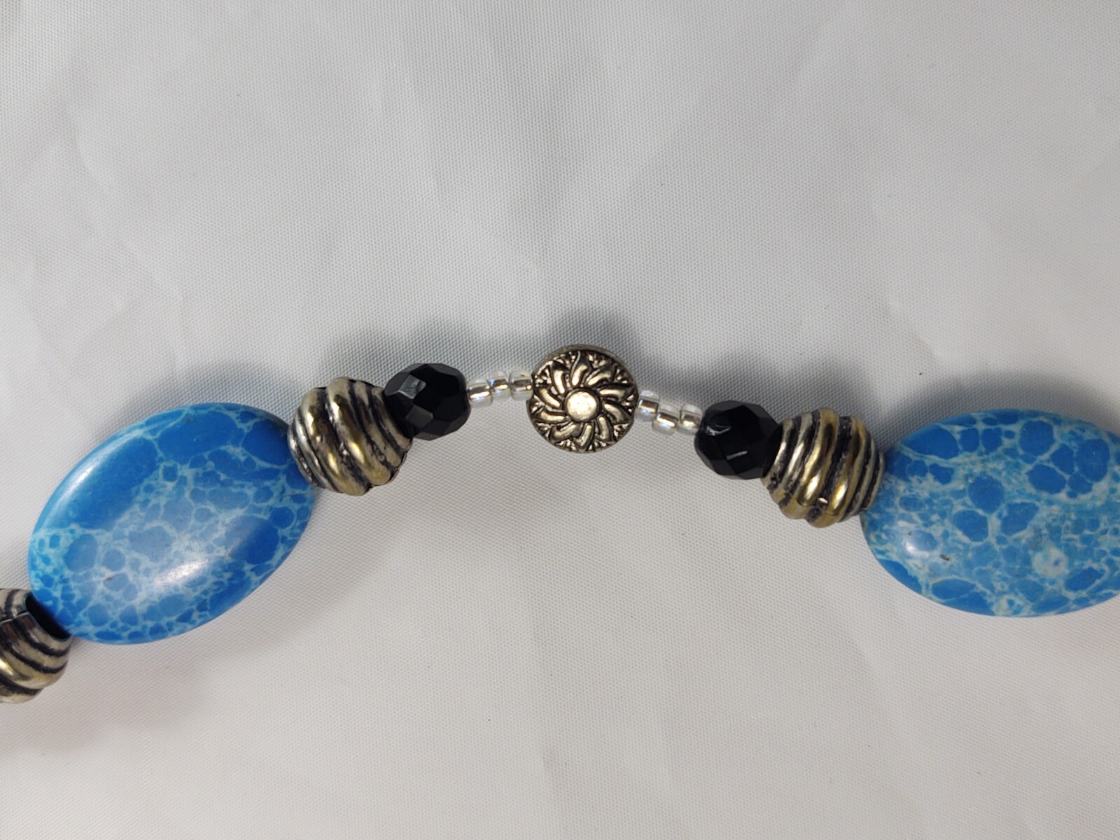 Vtg Beaded Necklace Toggle Closure Blue Black Silver Tone Beads Costume Jewelry