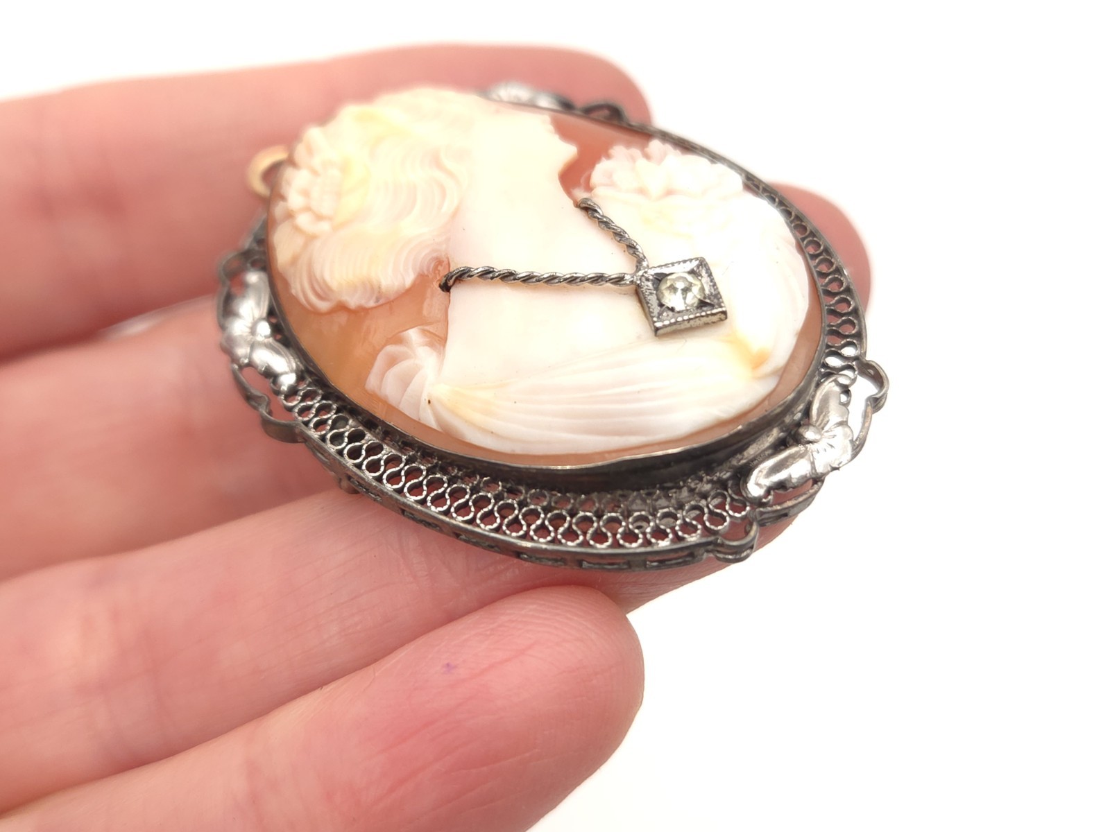 Art Deco Sterling Silver Carved Shell Habille Cameo Paste Stone Brooch Pendant