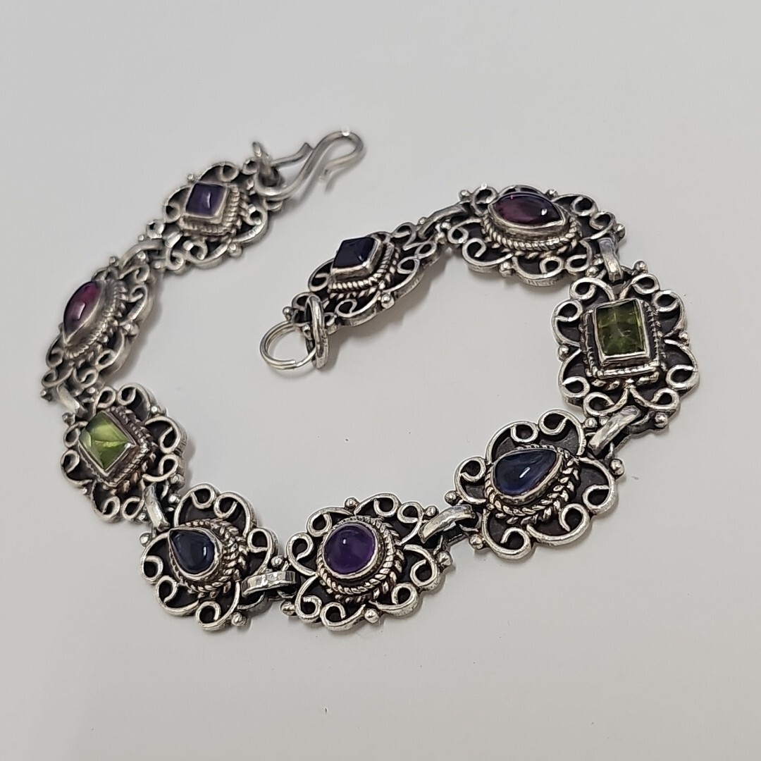 Vintage 925 Sterling Multicolor Stone Bracelet 7.25in 24g F796