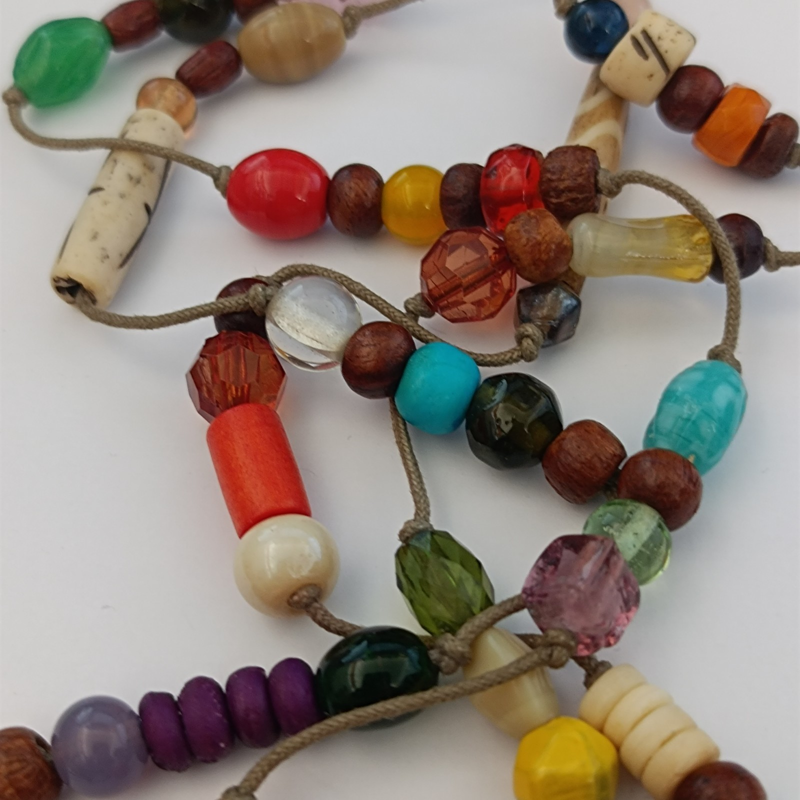 Vintage Long Boho Lariat Necklace Mixed Beads Glass Ceramic Wood Knotted Station