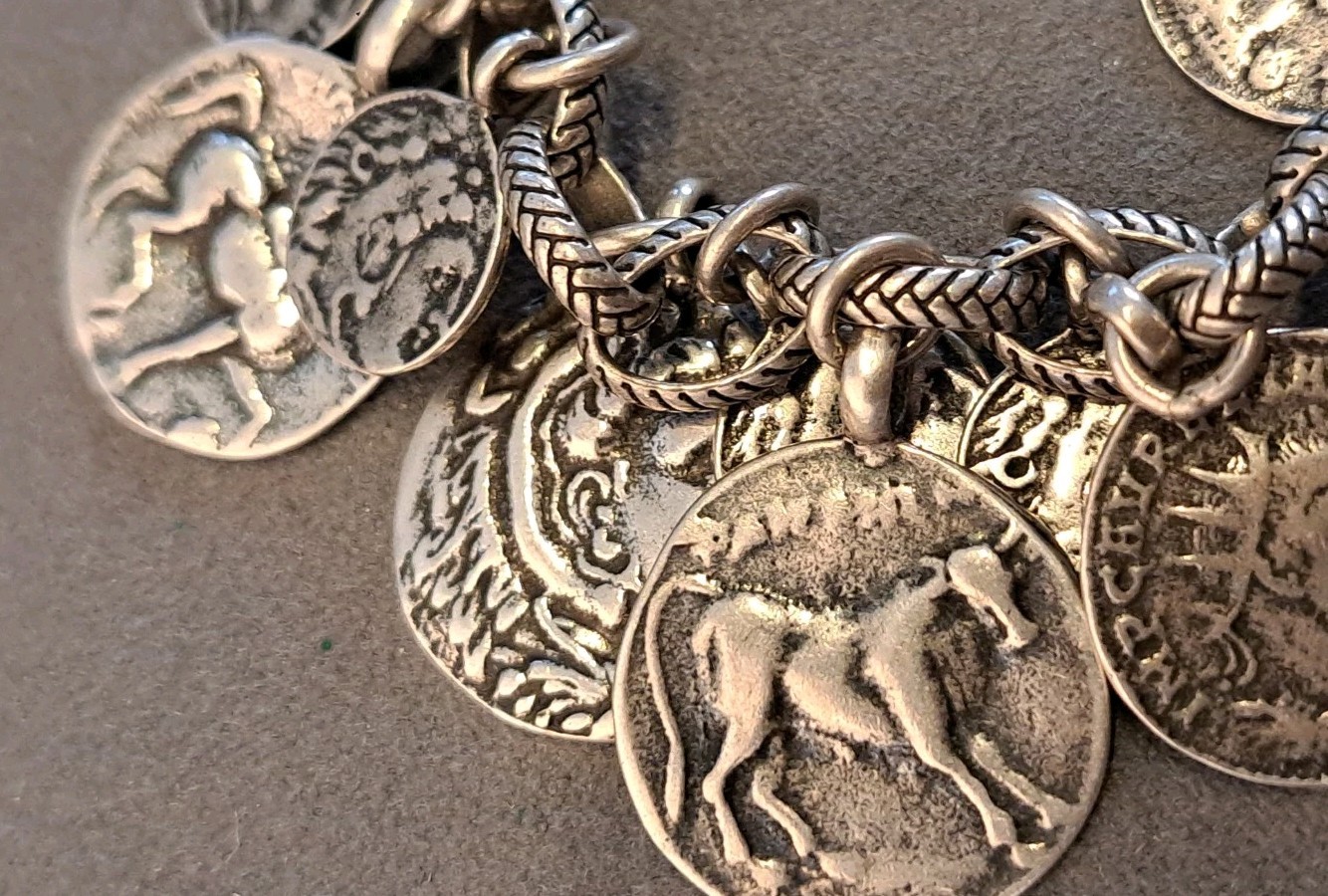 Silpada Sterling Silver Roman Coin Cha Cha Charm Bracelet 8″ Adjustable 66 grams