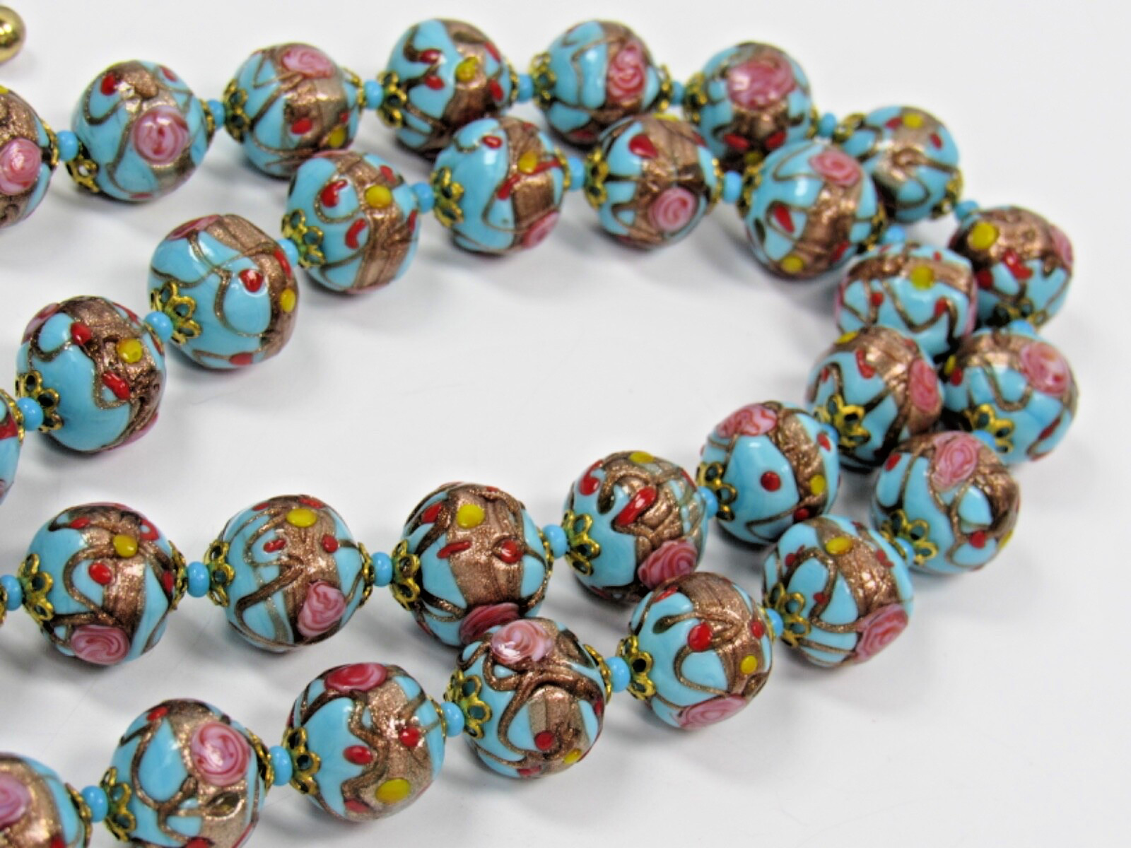 Italy WEDDING CAKE Gold Pink Red Blue Bead Strand NECKLACE Pierced EARRINGS SET