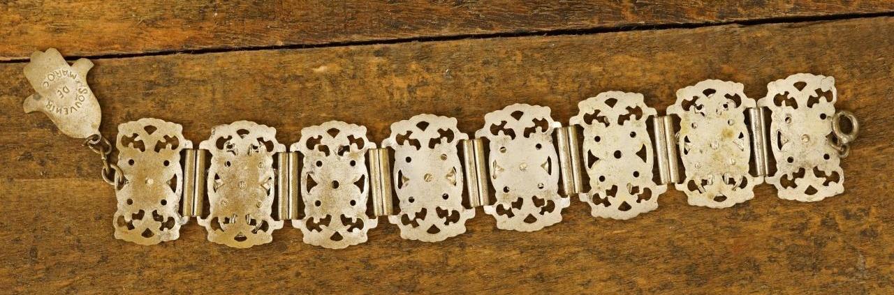 Vintage Souvenir Bracelet Morocco Hamsa Hand Elephant Link Nickel Plated Brass