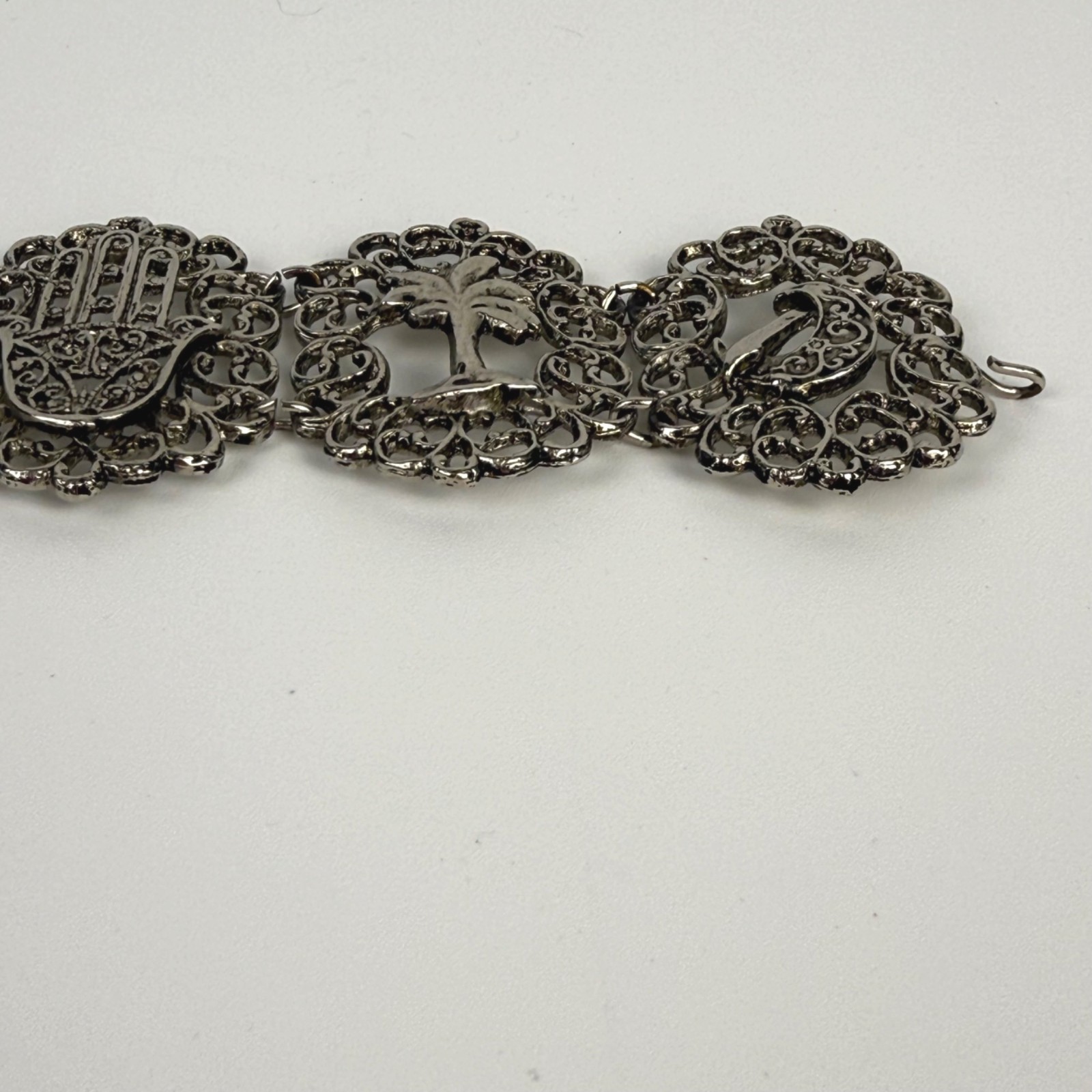 Vintage Silver-Tone Filigree Panel Bracelet De Maroc Morocco Boho Souvenir