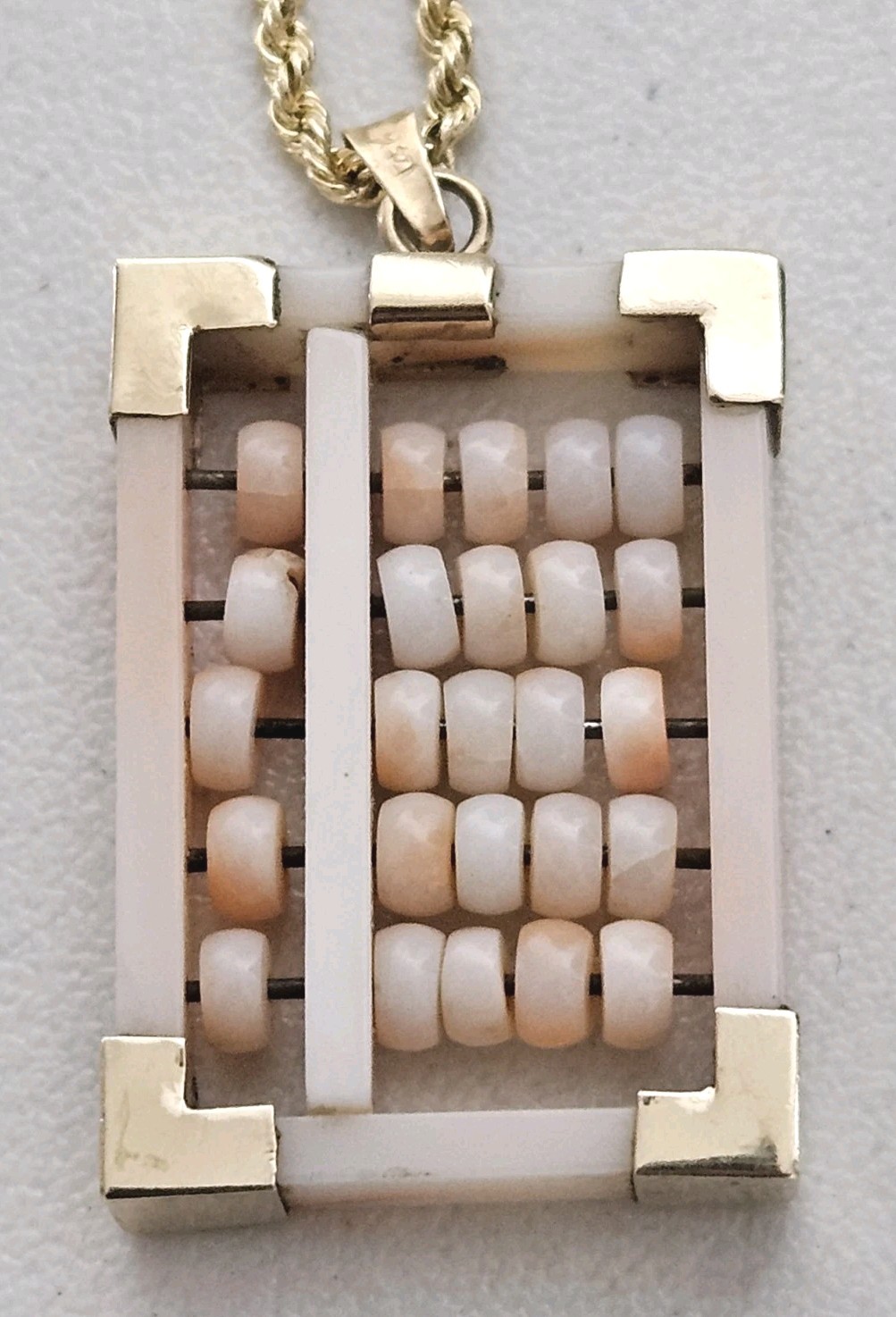 Vintage 14K Gold Angel Skin Coral Abacus Pendant 2mm Rope Chain Necklace 18-3/4″