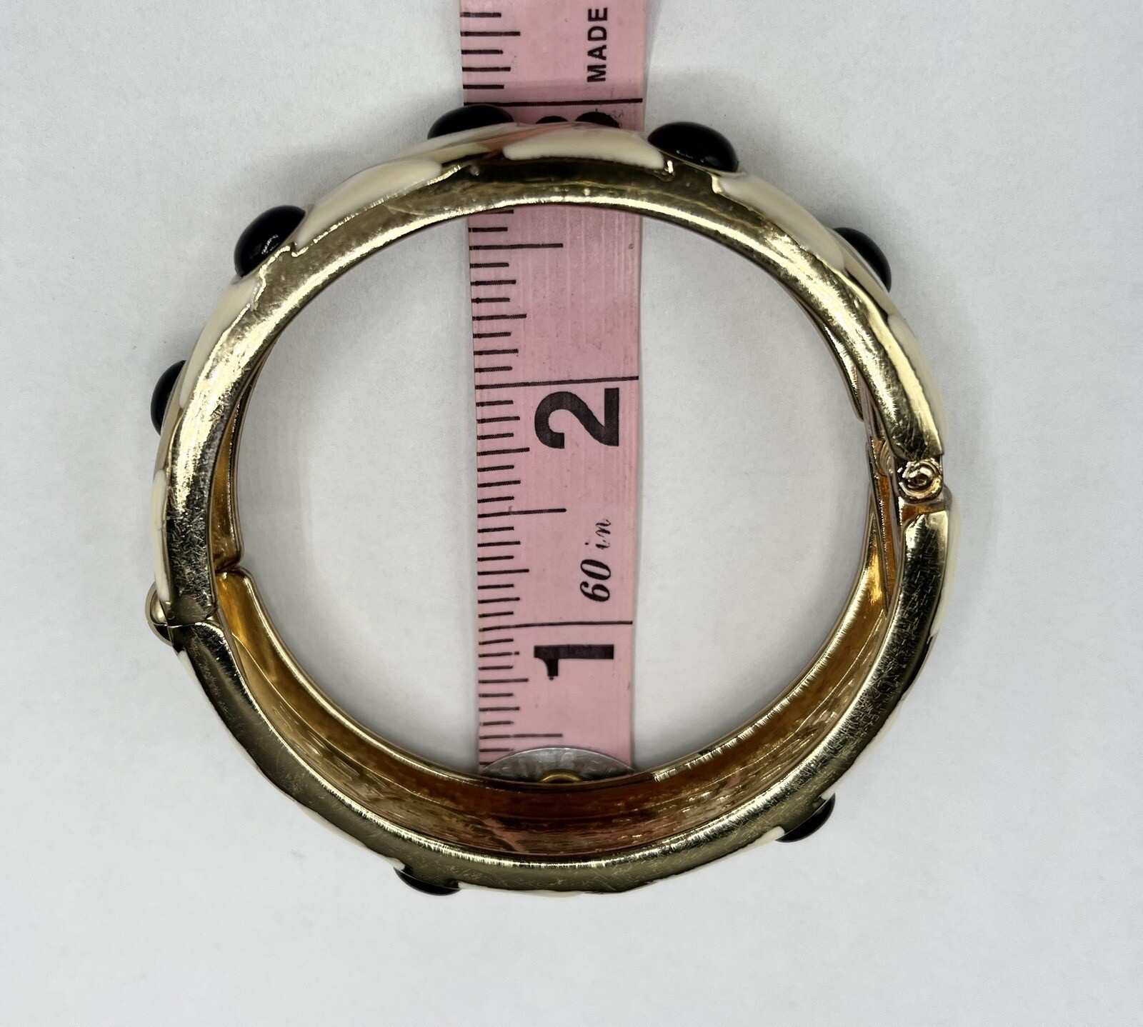 1980’s Enameled Bracelet Costume Jewelry Ivory Black Gold Tone Bangle Clamper 3”