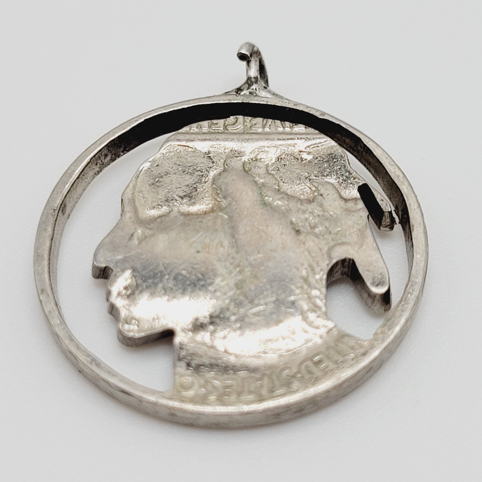 Shiny Buffalo Indian Nickel Silver Tone Cut Coin Pendant Cracked Bail For Repair