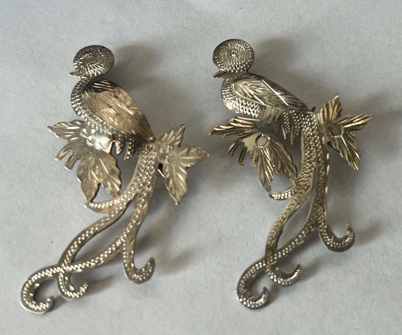 Pair of Vintage 900 Silver Guatemala Quetzal Bird Brooch 2” Long