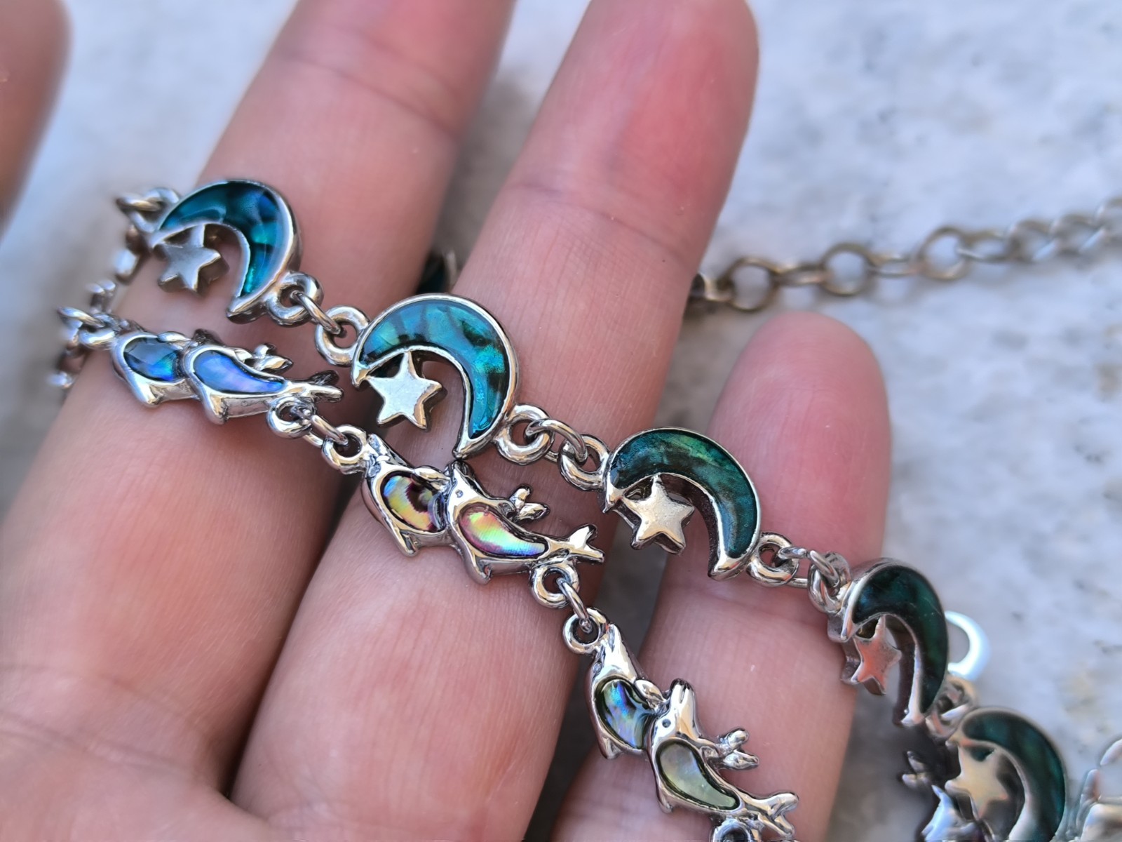 Two vintage cute metal and Abalone shell bracelets