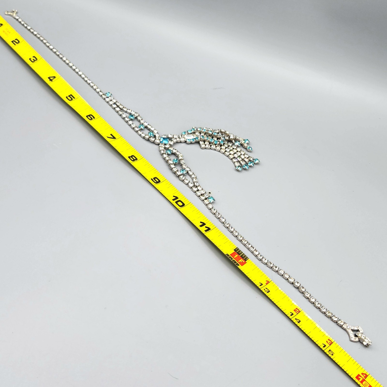 Retro Aqua Light Blue Square Rhinestone Crystal Lavalier Drippy Necklace 16″