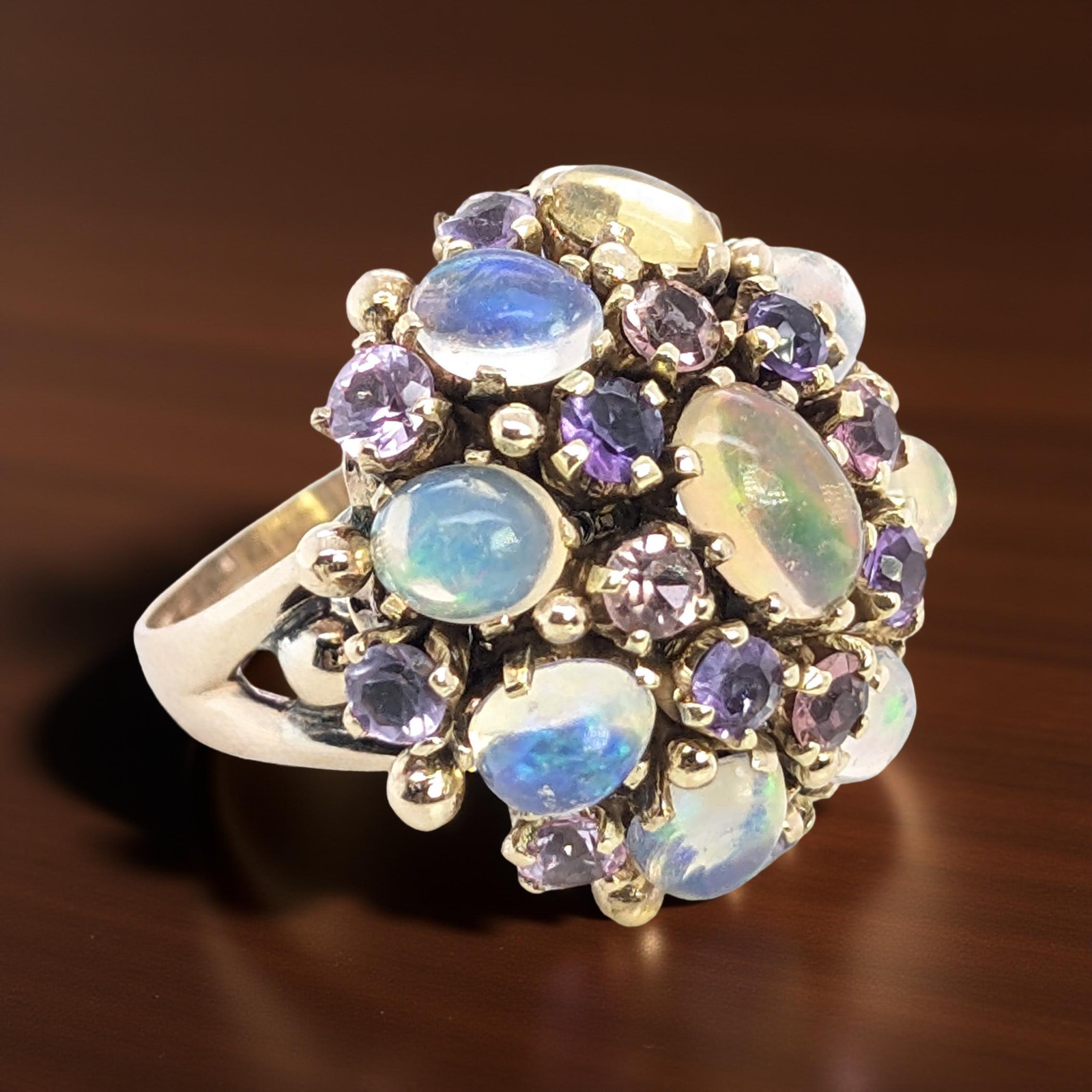 ESTATE SOLID 14K YELLOW GOLD OPAL PINK PURPLE GEMSTONE RING SIZE 4.25 #8037