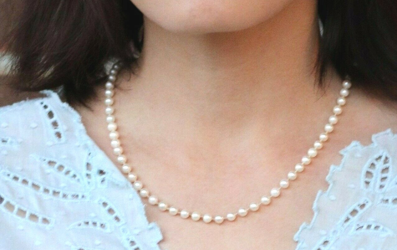 Stunning Vintage 14K Yellow Gold Strand Cultured Pearl Necklace 5.3 mm 19.5″